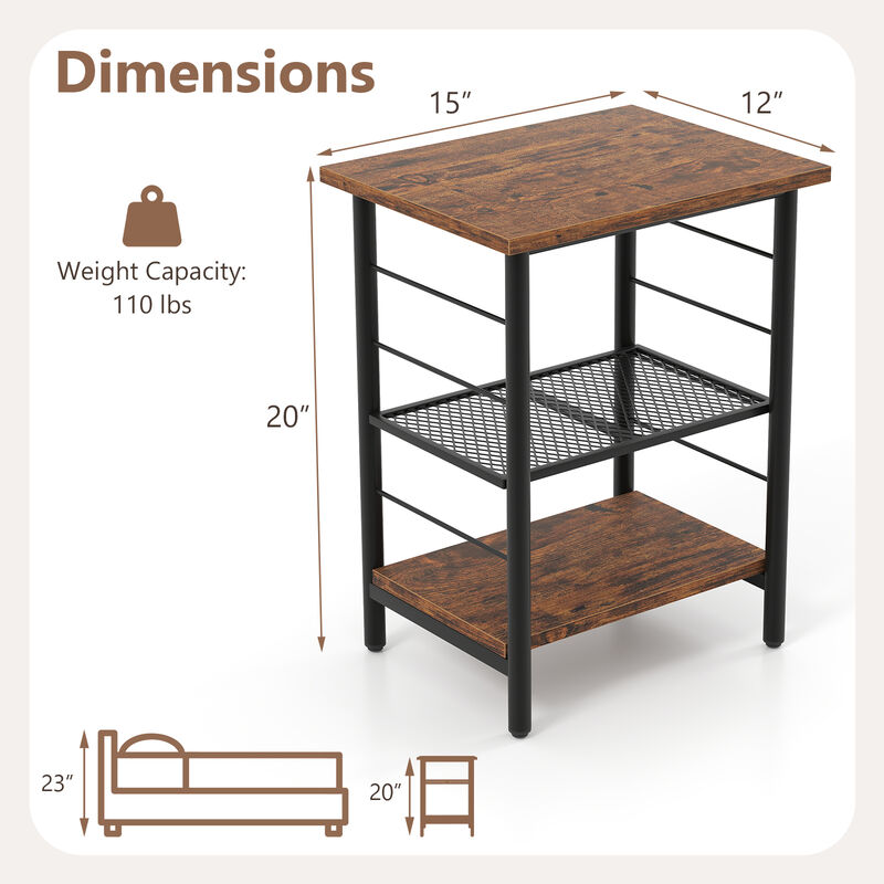 Set of 2 Industrial End Tables with 3 Tiers and Open Storage Shelving