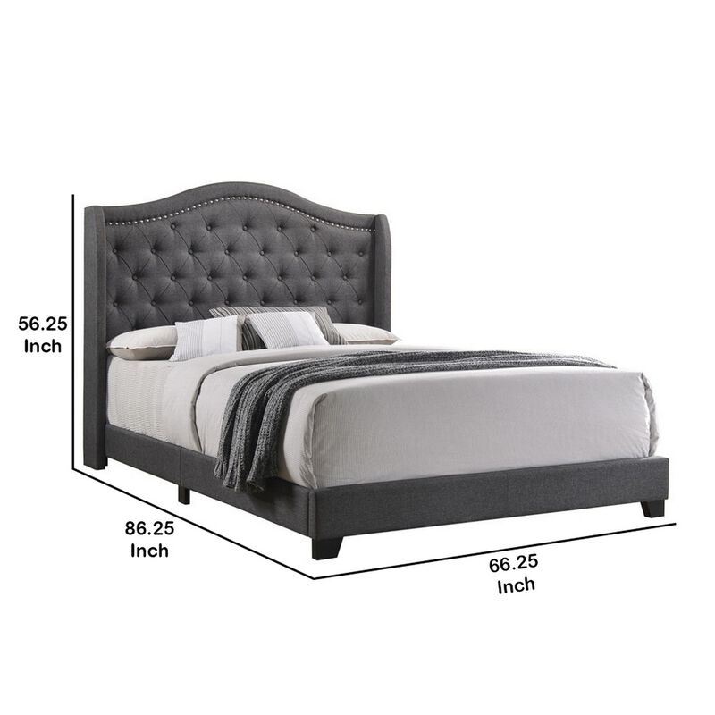Fabric Upholstered Wooden Demi Wing Queen Bed with Camelback Headboard,Gray-Benzara image number 2