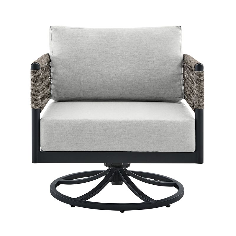Troy 31 Inch Patio Swivel Rocking Chair, Black Aluminum Frame, Gray Rope-Benzara image number 2
