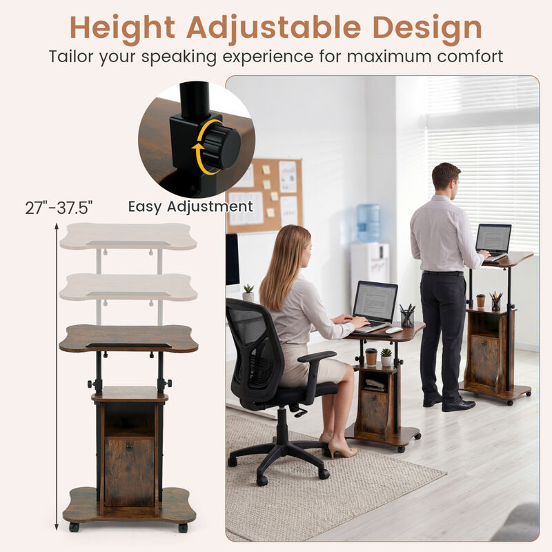 Mobile Standing Desk Cart with Adjustable Height, Tilt Desktop and Cabinet image number 3