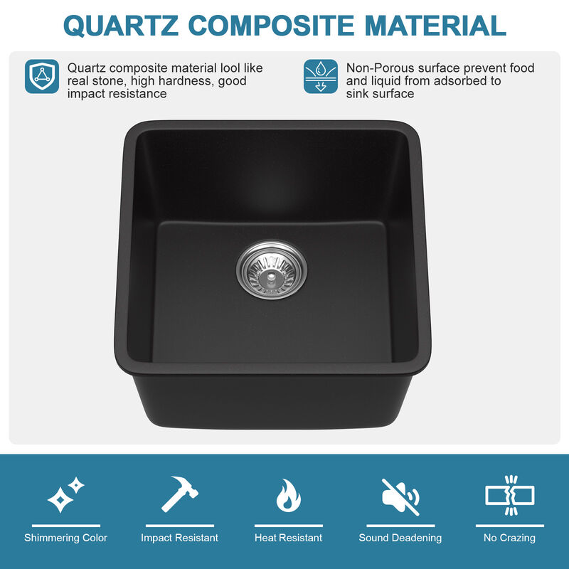 17 in. Black Quartz Composite Undermount Kitchen Sink Single Bowl Prep Bar Basin Round Corner with Bottom Grid image number 7