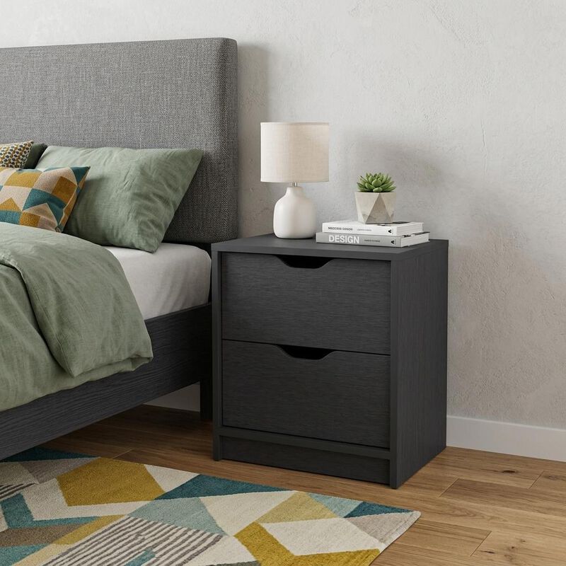 HomeRoots 19" Black Wood Two Drawer Nightstand image number 1