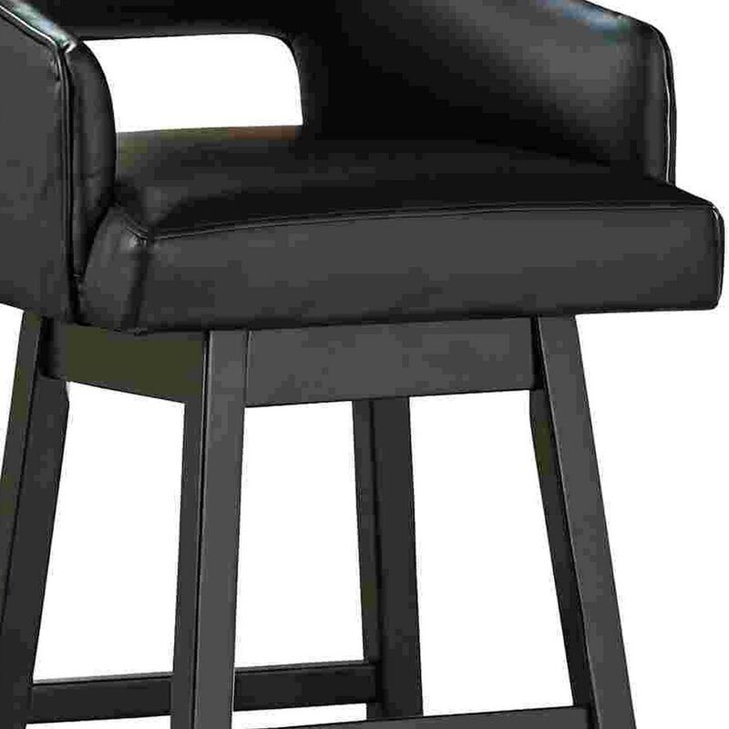 Swivel Barstool with Faux Leather and Countered Back, Set of 2, Black - Benzara