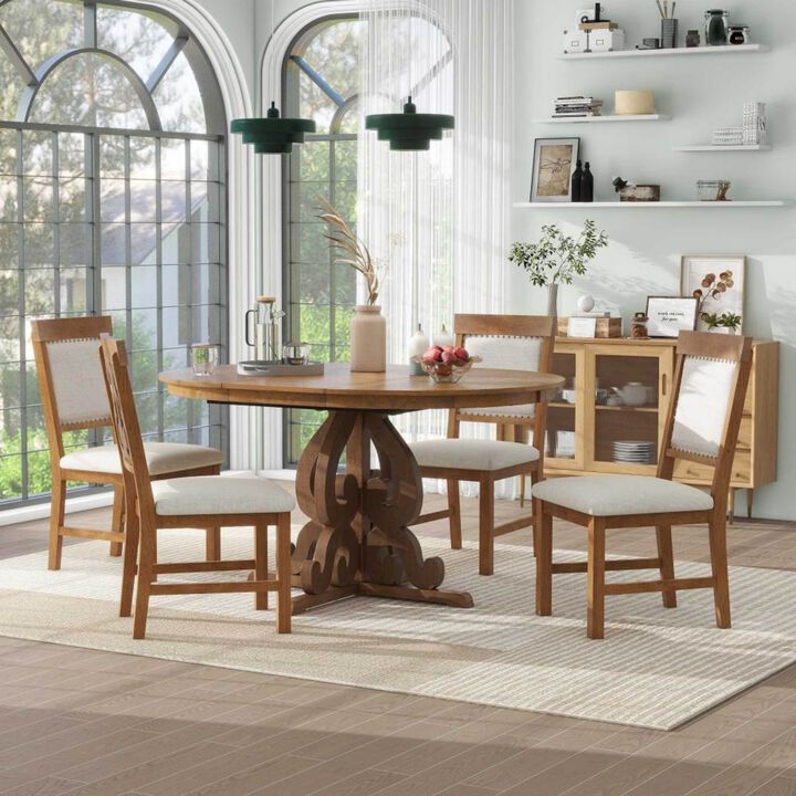 Lupoxt 5‑Piece Retro Extendable Round Pedestal Dining Set