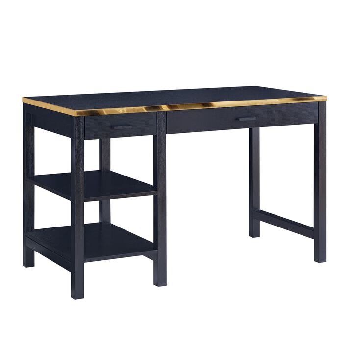 2 Drawer Rectangular Desk with 2 Open Shelves, Black and Gold-Benzara