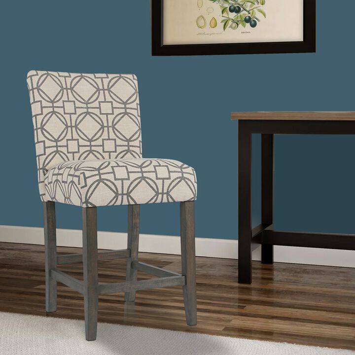 Wooden 24 Inch Counter Height Stool with Trellis Pattern Fabric Upholstery, Cream and Gray