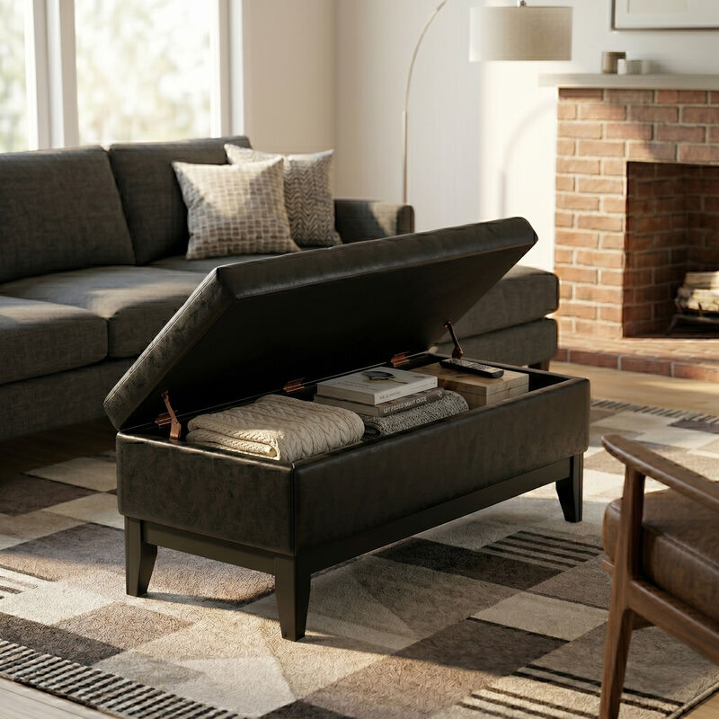 Oregon 42 inch Wide Transitional Rectangle Storage Ottoman Bench with Tray in Distressed Black Vegan Faux Leather, Assembled image number 2