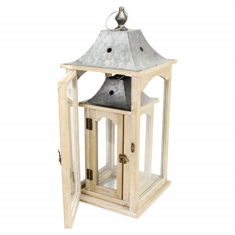 Homezia Set Of 2 Brown Wood Finished Frame Glass And Metal Top Lanterns