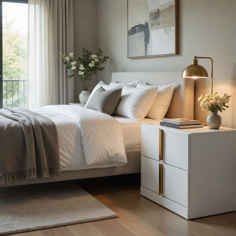 Orion Nightstand with 2 Drawers, Gold Metal Pulls, White Gloss Wood image number 1