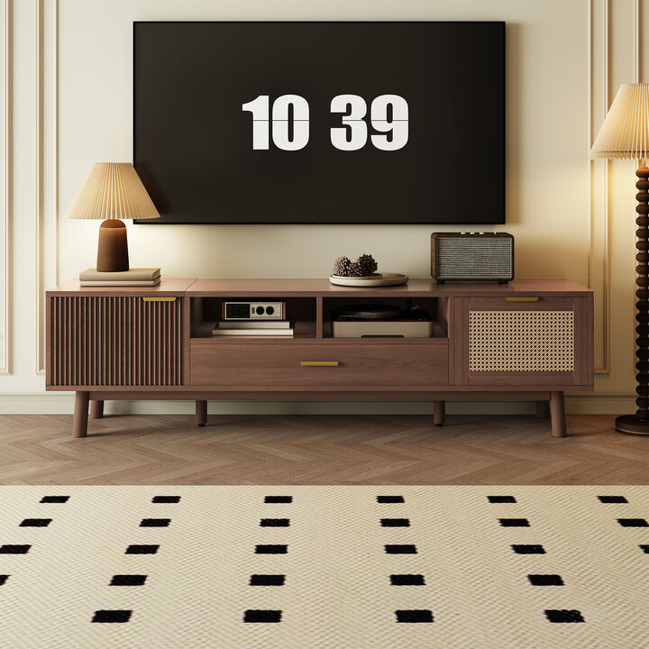Merax Entertainment Center with Interwoven Rattan Drawers, Soft-Close Storage, Drop-Down Cabinet