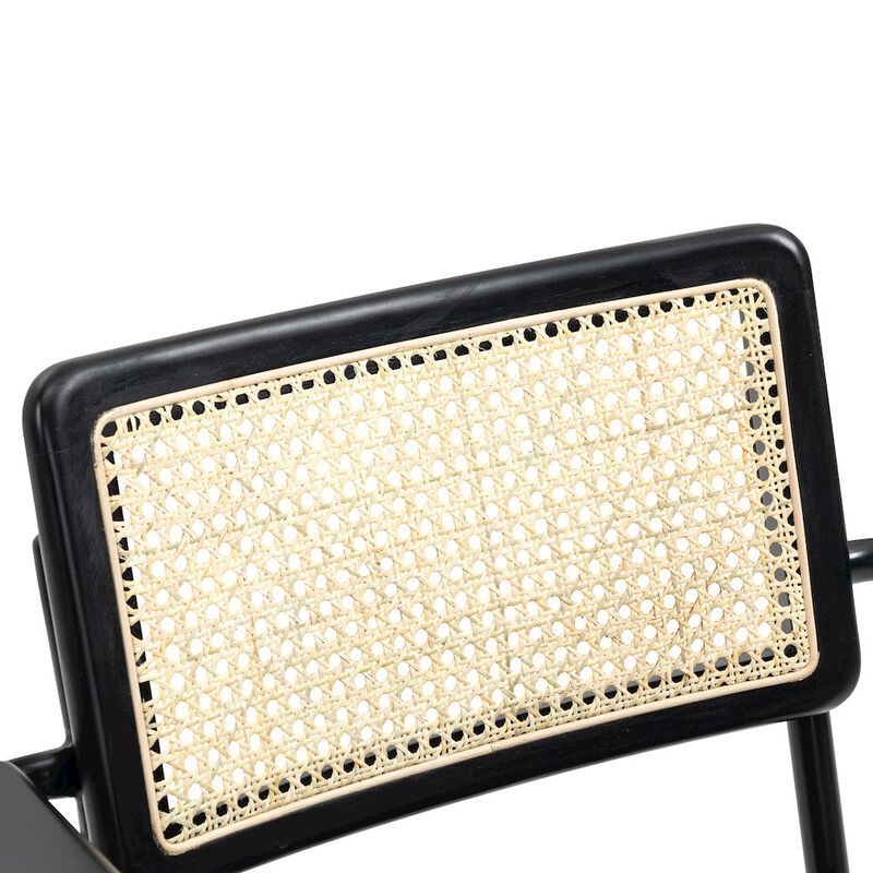 Glamour Home Set of 2 Black Boucle Fabric Dining Chair Rattan Backrest and Black Iron Legs