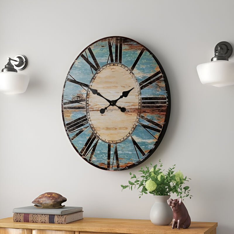 Oversized Parisian Wood Wall Clock – Distressed Finish for Rustic and Farmhouse Style