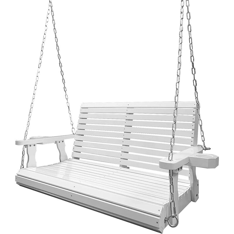Wooden Porch Swing 2-Seater, Bench Swing with Cupholders, Hanging Chains and 7mm Springs, Heavy Duty 800 LBS, for Outdoor Patio Garden Yard (White)