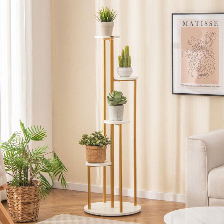 Hivvago Indoor Metal Plant Stand Corner Plant Shelf for Potted Plant with Golden Metal Frame-White