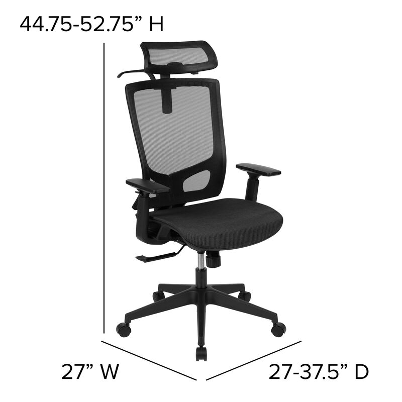 Layla Ergonomic Mesh Office Chair with Synchro-Tilt, Pivot Adjustable Headrest, Lumbar Support, Coat Hanger and Adjustable Arms in Black image number 4