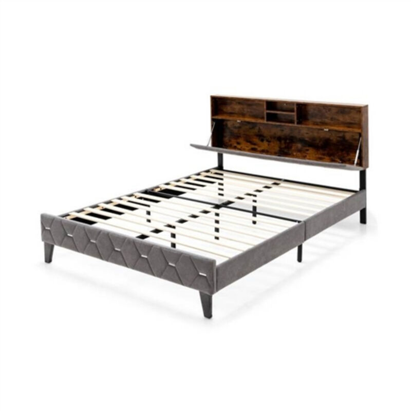 Velvet Storage Platform Bed with Lift-Top Headboard – Plush Upholstery and Built-In Organization