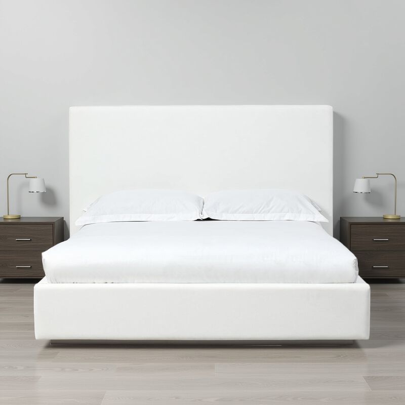 Uma King Size Platform Bed, Tall Panel Headboard, Cream Canvas Upholstery - Benzara