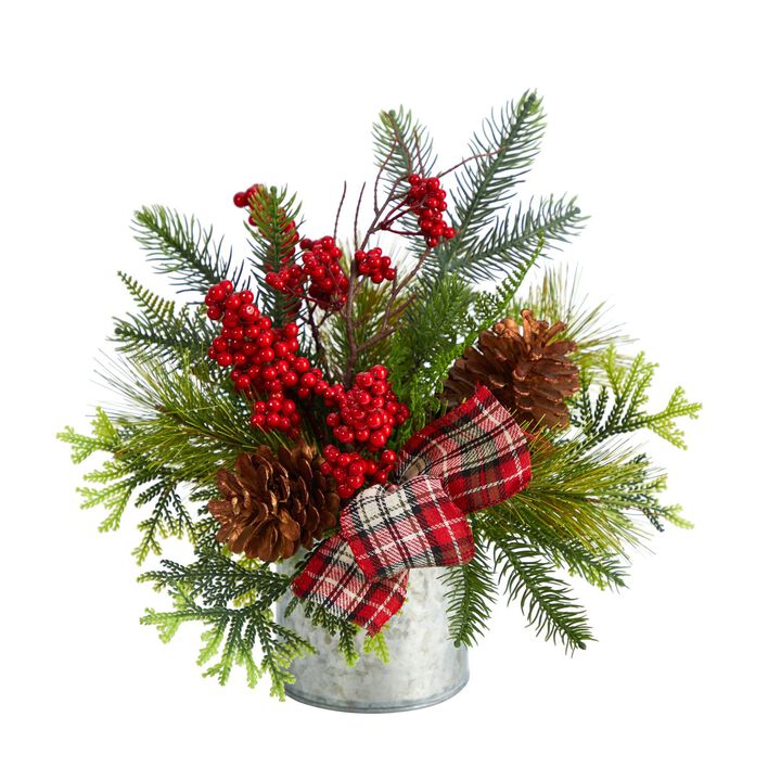 Nearly Natural 12-in Holiday Winter Pinecones, Berries, Greenery and Plaid Bow Artificial Christmas Table Arrangement