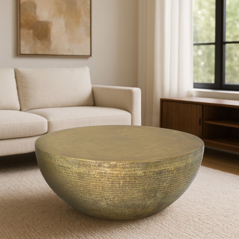 Terminus Coffee Table, 36 Inch Round Bowl Base with Hand Etched Texture, Antique Brass