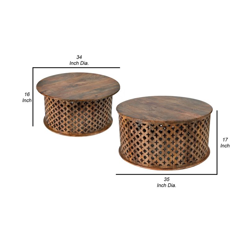35, 34 Inch Coffee Table Set of 2, Mango Wood Lattice Design, Brown-Benzara
