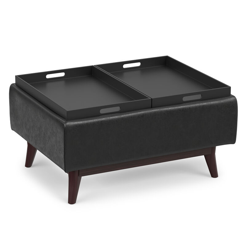 Owen 34 inch Wide Mid Century Modern Rectangle Tray Top Small Coffee Table Storage Ottoman in Distressed Black Vegan Faux Leather, Assembled image number 3