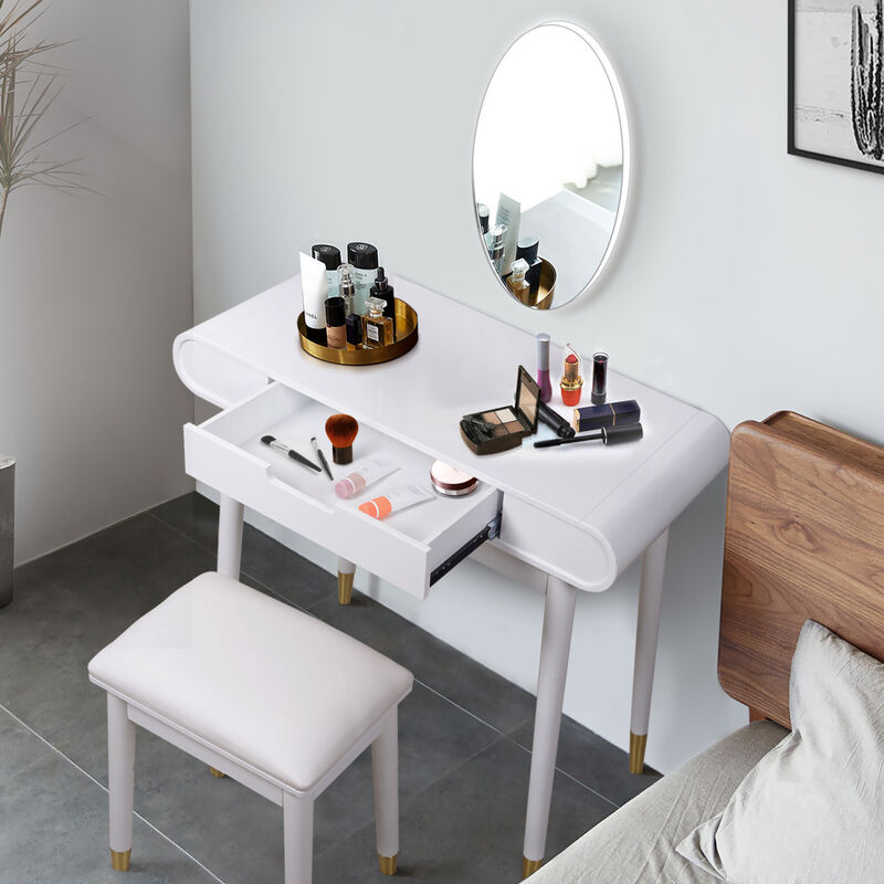 White Makeup Vanity Set with Stool, High Gloss Finish Dressing Table with Solid Stool