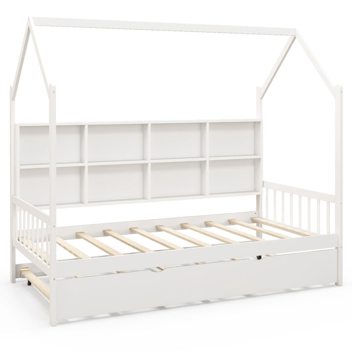 Kids Daybed with Montessori Style &ndash; Roof and Built-In Shelf Compartments for Storage