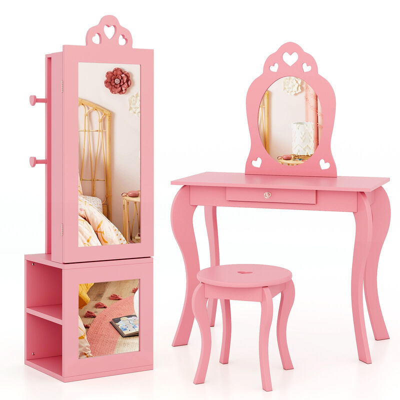 3-in-1 Freestanding Kids Jewelry Cabinet Armoire with Full-Length Mirror and Storage