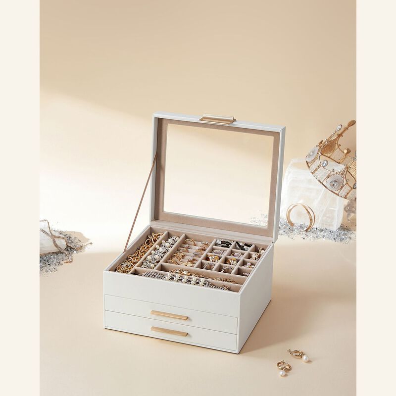 3-Layer Jewelry Box with Glass Lid and 2 Drawers - Perfect Gift for Loved Ones