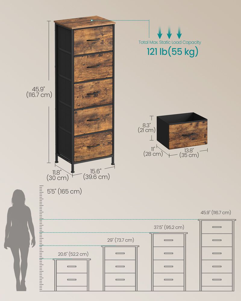 46 Inch Tall 5 Drawer Dresser Storage Organizer Steel Frame Brown image number 2