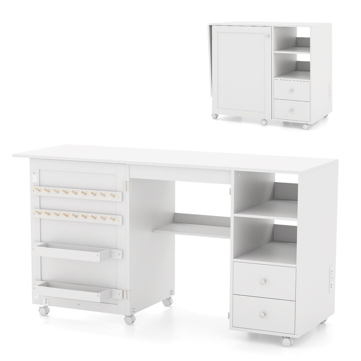 Folding Sewing Table with Charging Station and Storage Shelves for Craft Room Organization