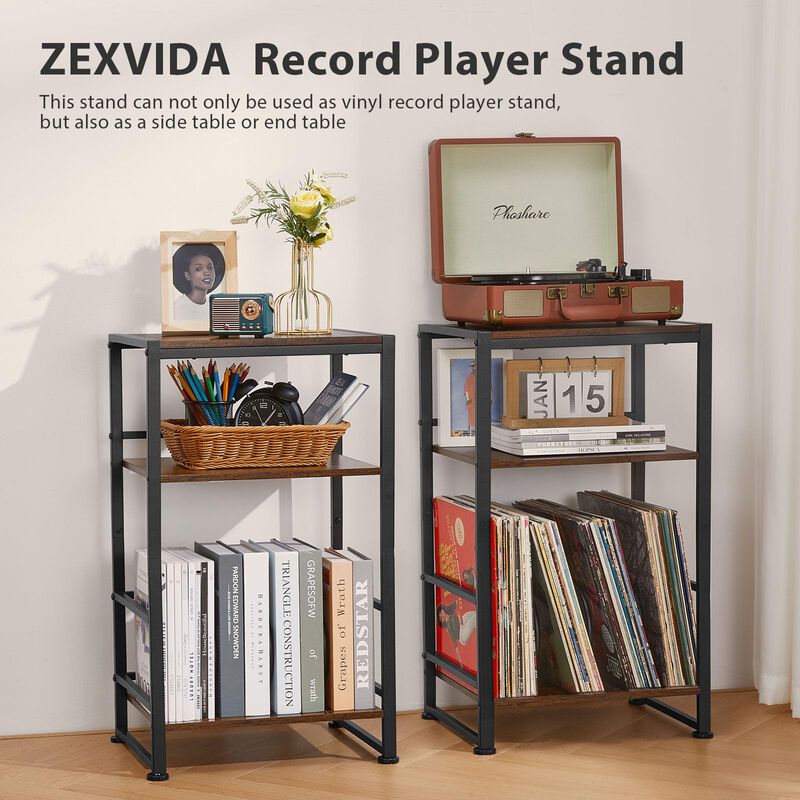 ZEXVIDA 3-Tier Vinyl Record Player Stand, End Table for Album Storage, 28"" H Record Player Stand with Storage Up to 120 Albums