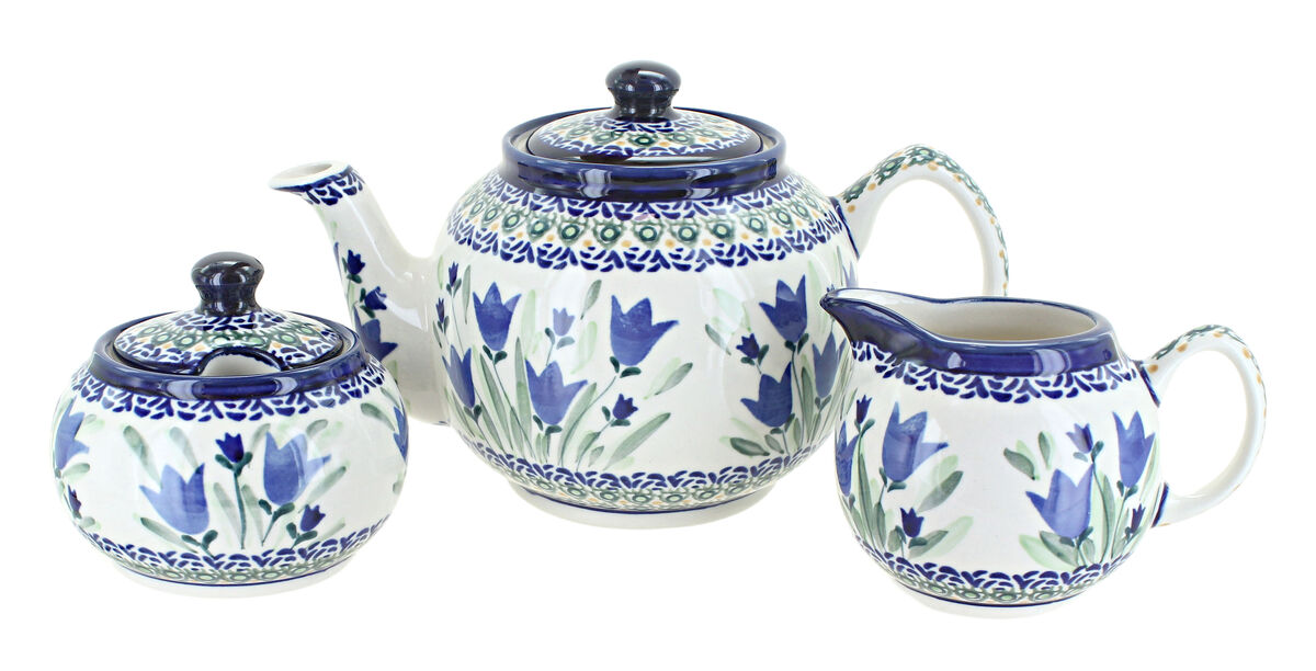 Blue Rose Polish Pottery Blue Tulip Three Piece Tea Set