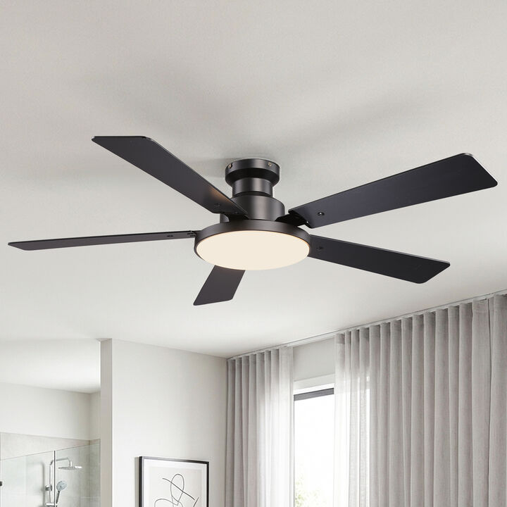 52" Modern Matte Black Dimmable Reversible Low Profile Flush Mount Smart Ceiling Fan with Light, APP Control and Remote