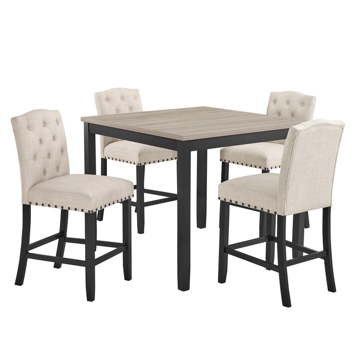 Phy 5pc Counter Table and Chairs Set, Nailheads, Tufted Beige, Brown, Black - Benzara