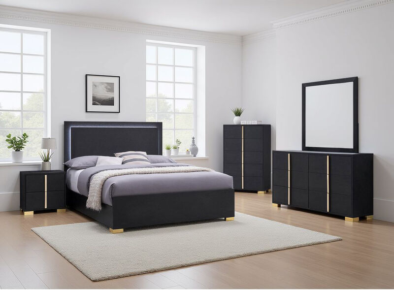 Dex 5pc Queen Bedroom Set with Modern LED Headboard, Mirror, Black