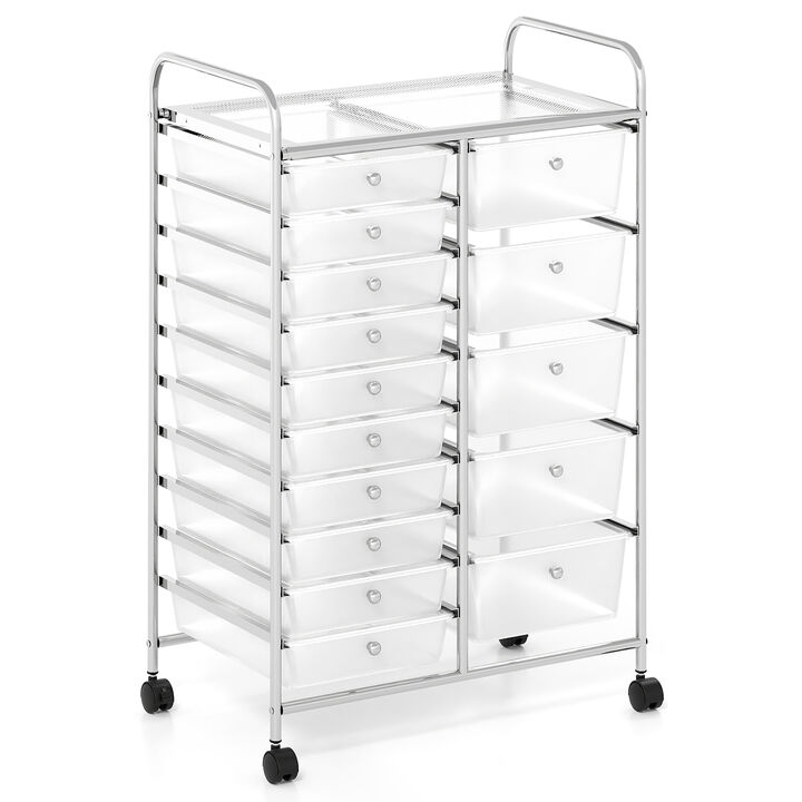 Rolling Storage Trolley with 15 Drawers and Chrome Metal Frame