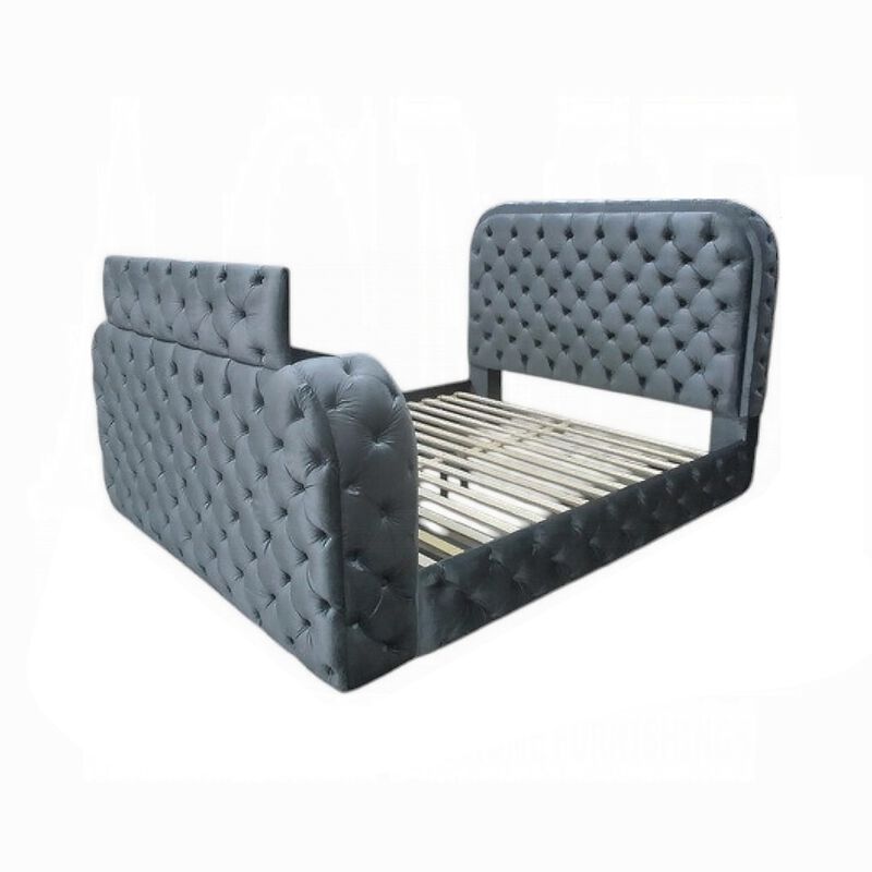 Kerie Queen Bed with LED Fireplace, Hidden Lift TV Stand, Gray Velvet - Benzara