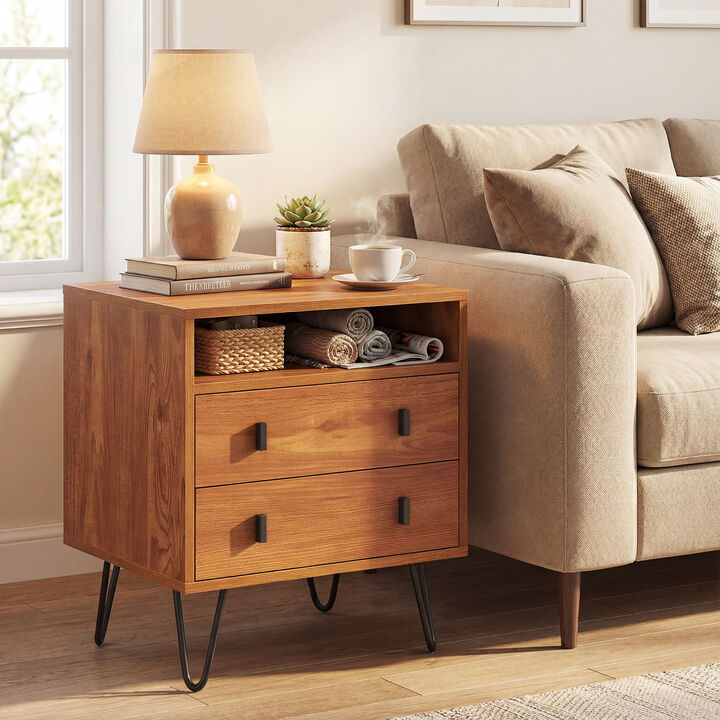 2-Drawer Nightstand Mid-Century Modern Style with Storage Space-Walnut