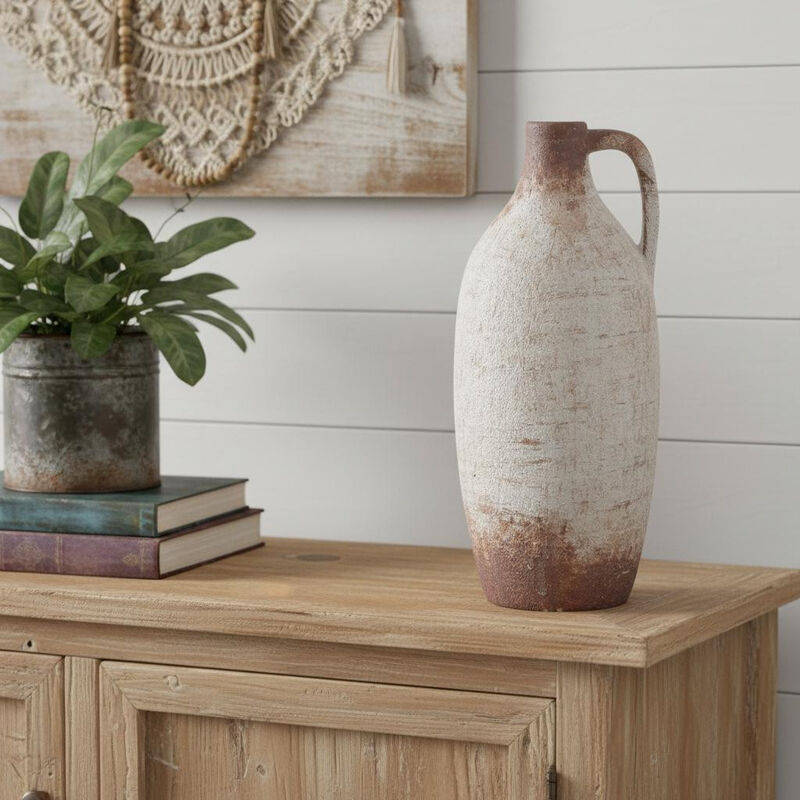 HomeRoots 12" Brown And White Ceramic Round Jug Vase image number 1