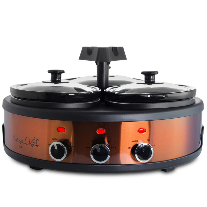 MegaChef Round Triple 1.5 Quart Slow Cooker and Buffet Server in Brushed Copper and Black Finish with 3 Ceramic Cooking Pots and Removable Lid Rests image number 9