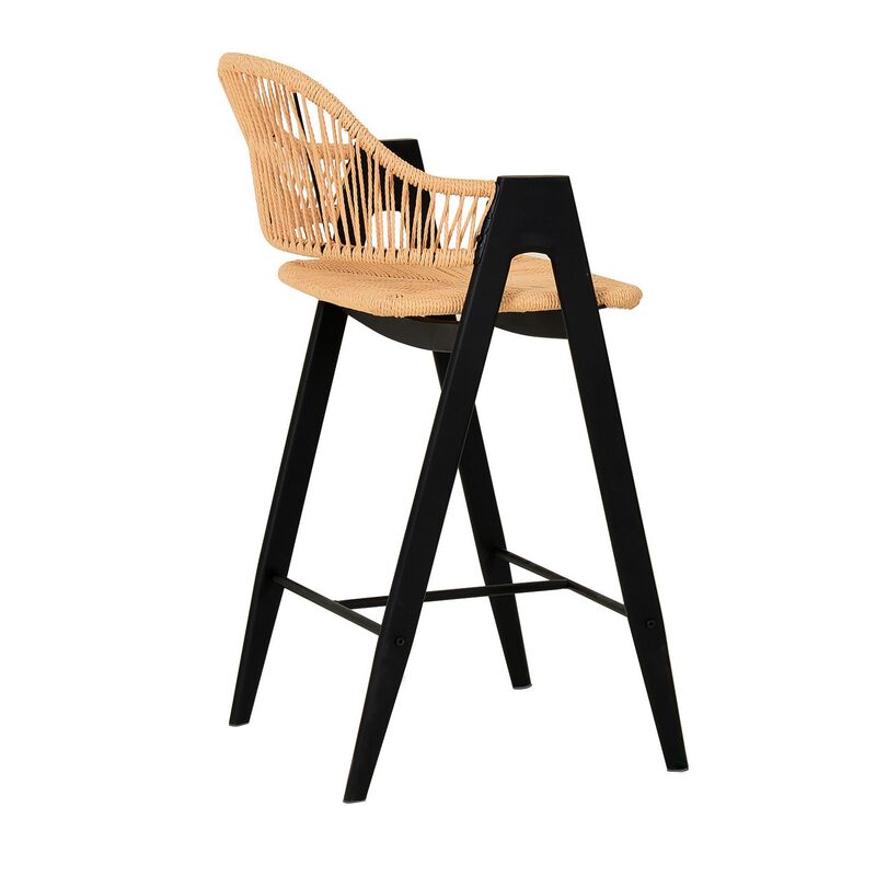 26 Inch Counter Stool Chair Set of 2, Woven Back, Iron Frame, Rattan, Beige - Benzara