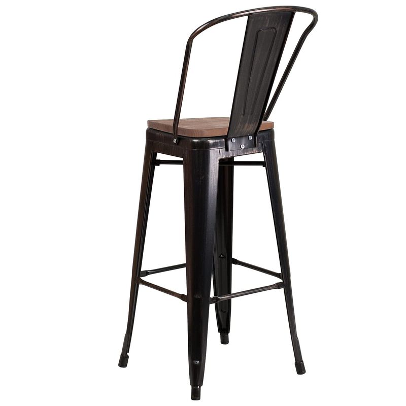Flash Furniture Lily 30" High Black-Antique Gold Metal Barstool with Back and Wood Seat