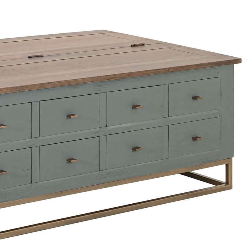 Timmy Cocktail Coffee Table, 8 Drawers, Sage Green Pine, 50 Inch