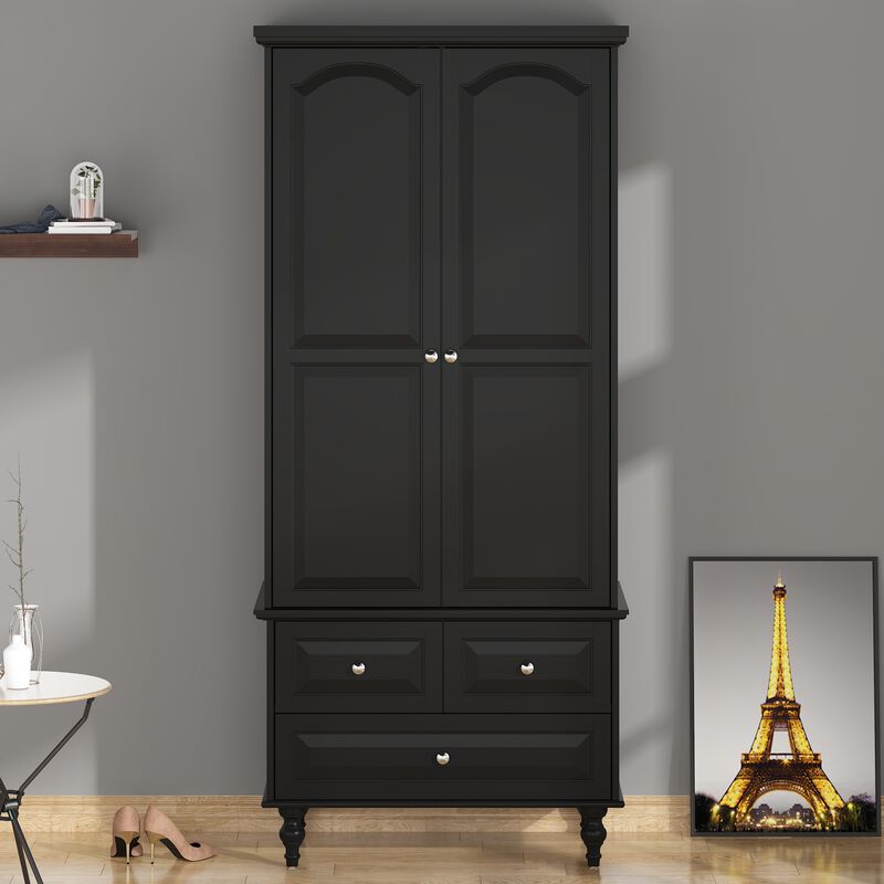 FUFU&GAGA Wooden Armoire with Double Doors, Shelves, and 3 Drawers (31.5" W x 19.7" D x 70.9" H), Black