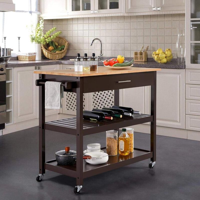 Hivvago Dark Brown Kitchen Island Cart w/ Wood Top 2-Shelves Drawer and Locking Wheels