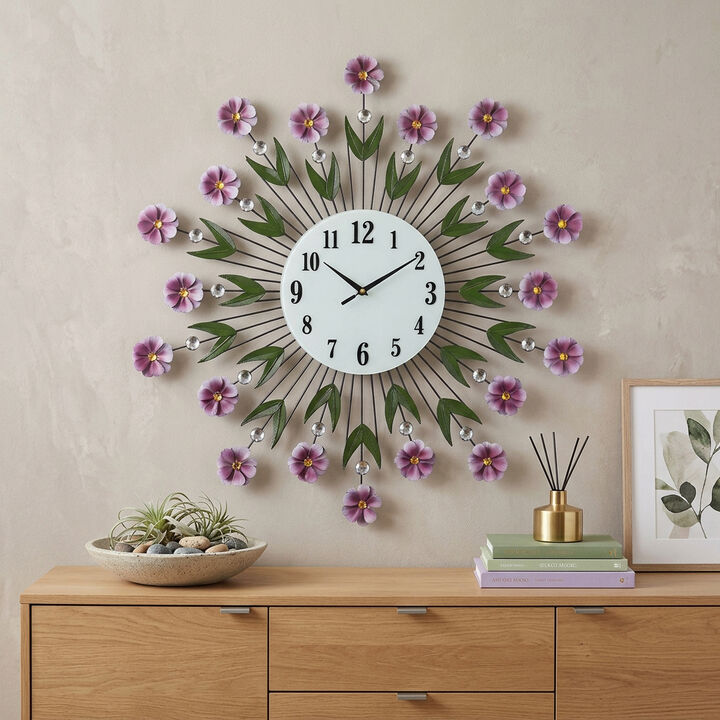 HomeRoots 27" Purple Green And White Metal and Glass Silent Analog Floral Round Wall Clock