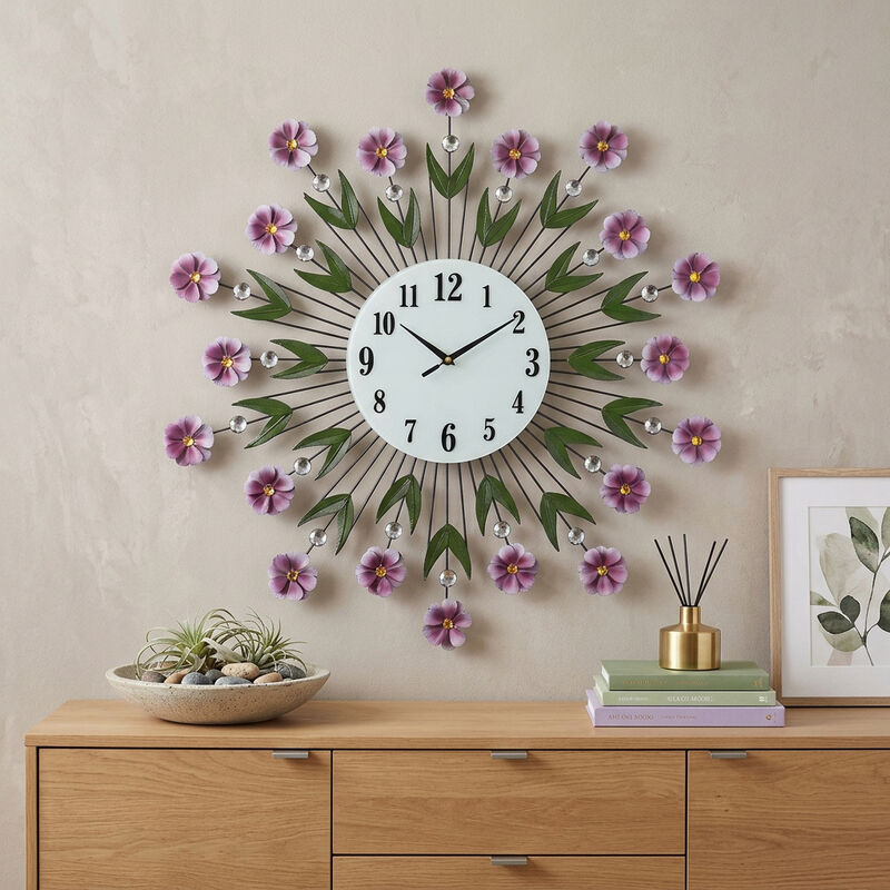 HomeRoots 27" Purple Green And White Metal and Glass Silent Analog Floral Round Wall Clock image number 1