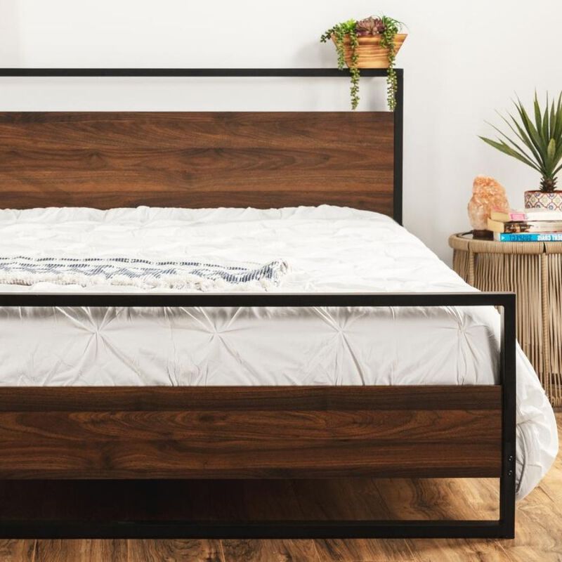 QuikFurn Modern FarmHome Queen Low Profile Metal Wood Platform Bed