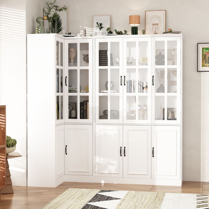 FUFU&GAGA Premium White Display & Storage Cabinet with Glass & Solid Doors, Black Pulls, Organization (78.7 in. W x 15.7 in. D x 78.9 in. H)